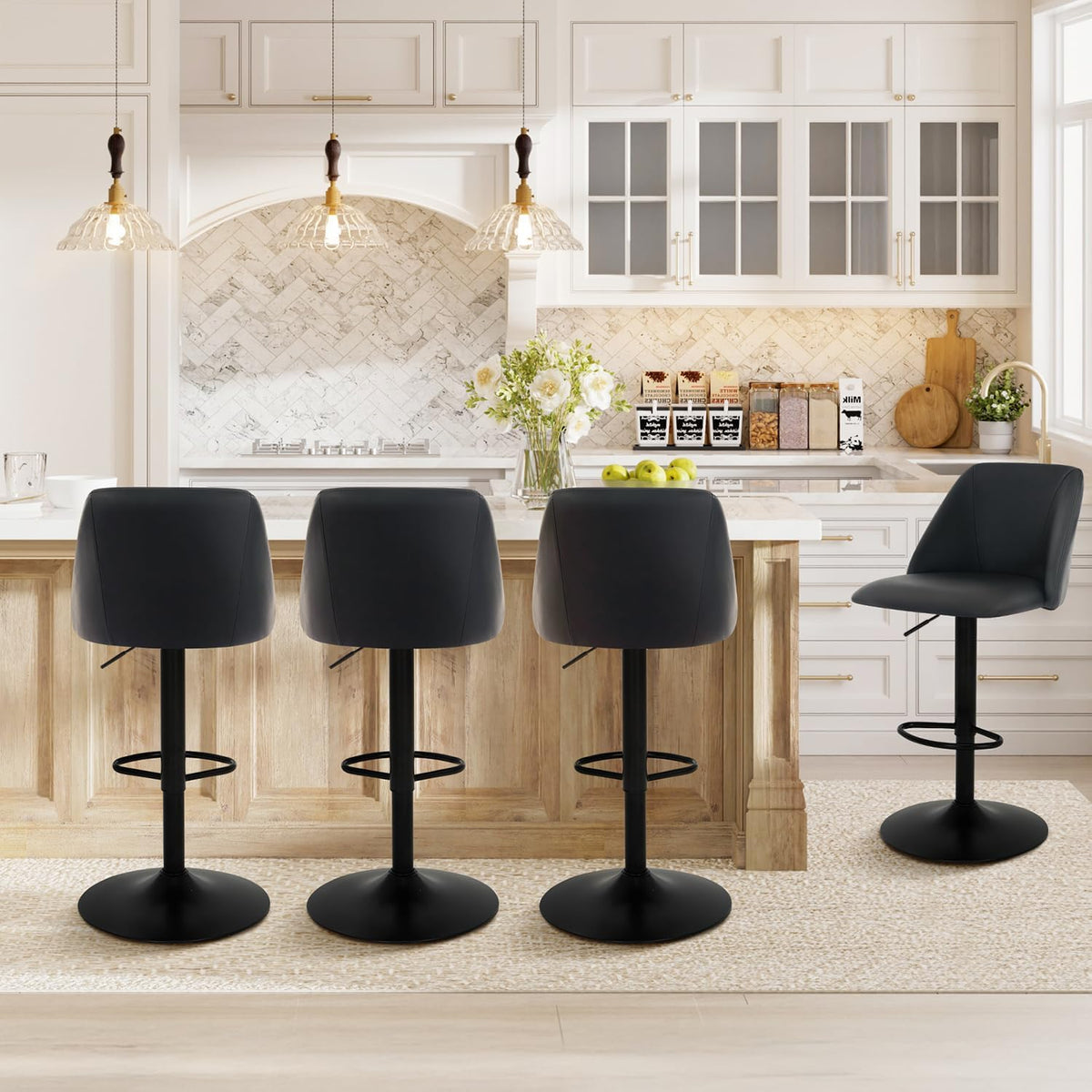 COLAMY Bar Stools Set of 3, Modern Swivel Bar Chairs, Adjustable PU Leather Upholstered Barstools Counter Height with Full Backrest for Bar, Dining Room, Kitchen Island, Black