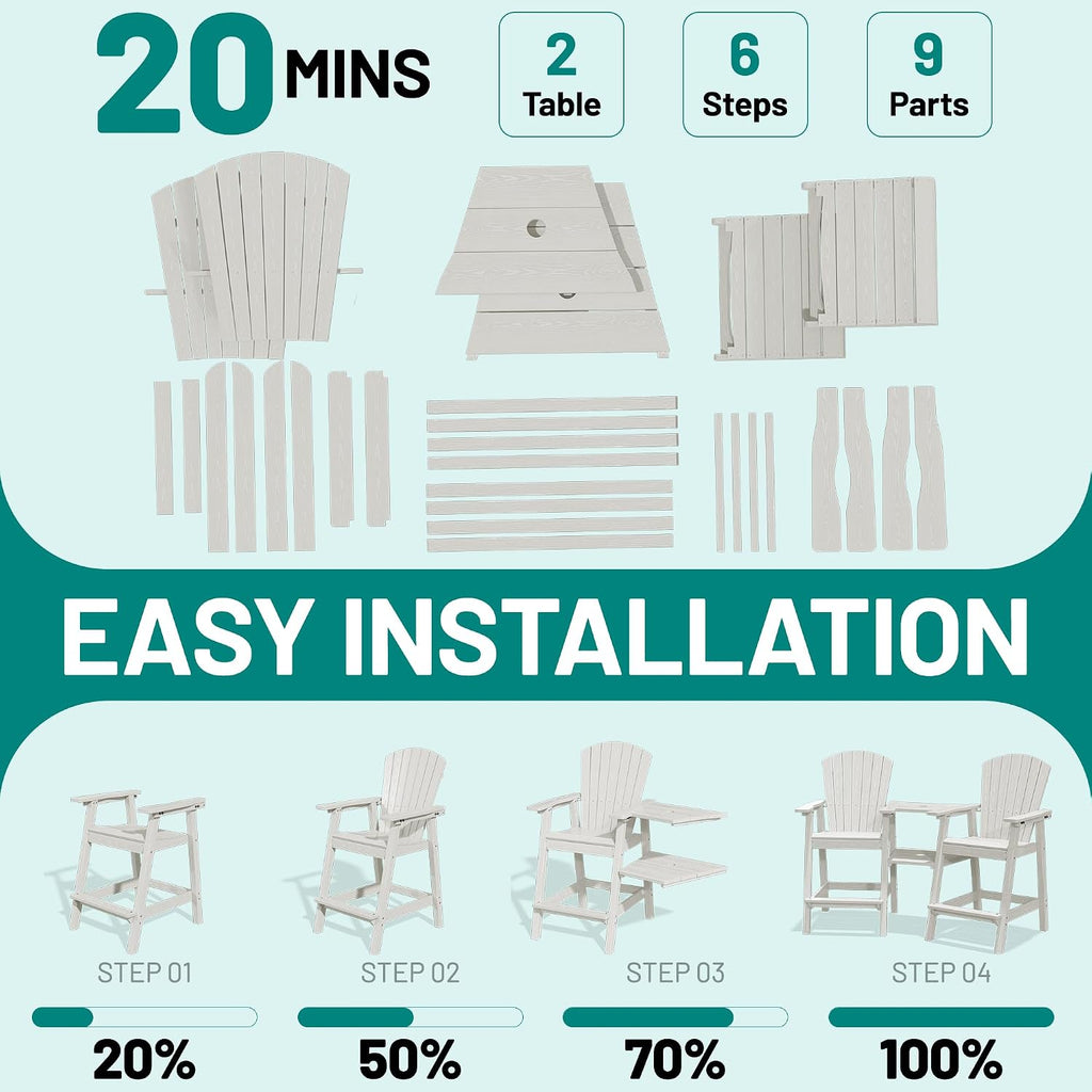 PLUUV Tall Adirondack Chairs Set of 2 with Double Connecting Trays, White