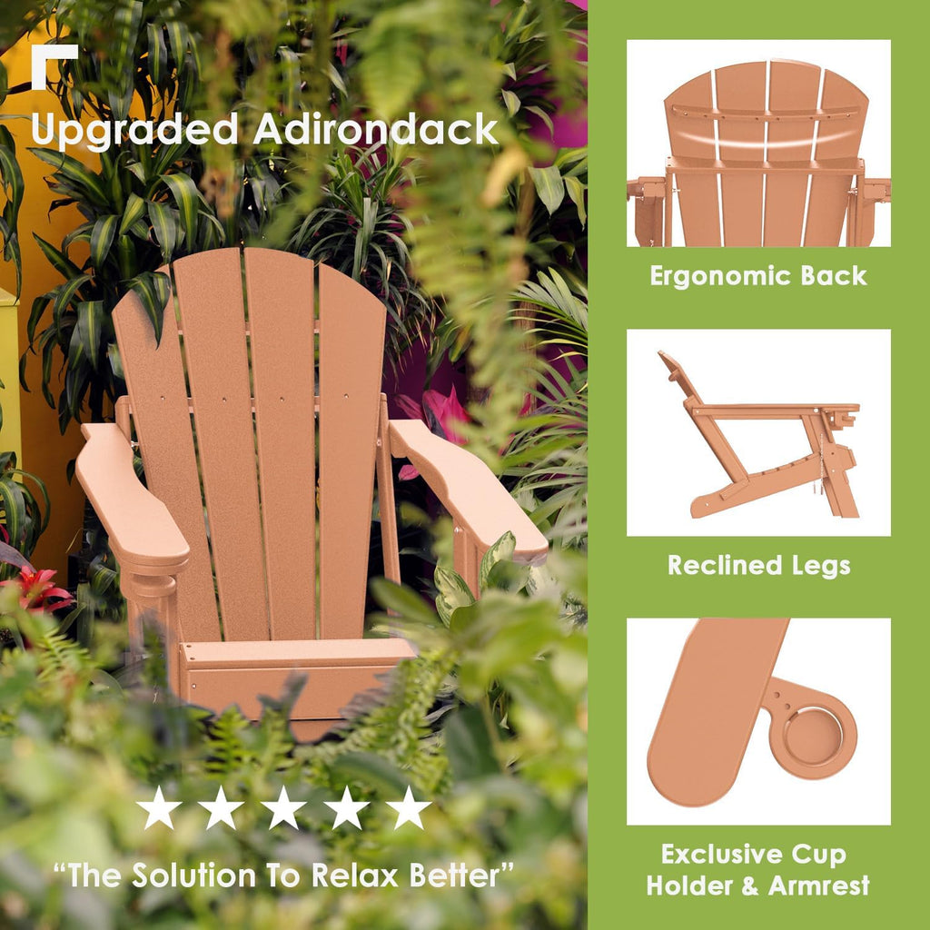 GREENVINES Adirondack-Chairs-with-Ottoman Set of 2, Folding，HDPE, Teak