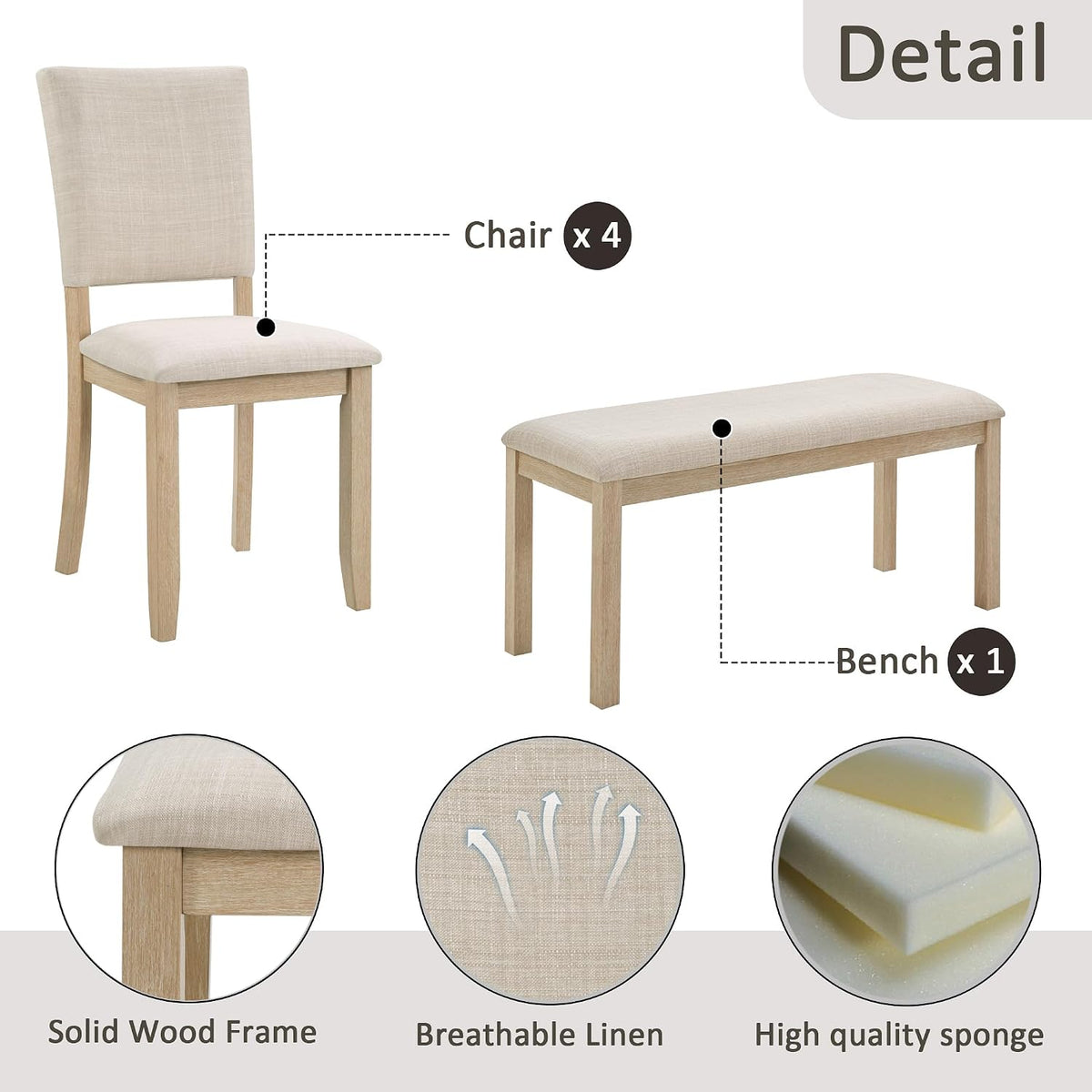 Harper & Bright Designs 6-Piece Dining Set with Bench & 4 Upholstered Chairs, 58.5" Modern Farmhouse Kitchen Table for 6, Easy Assembly,Light Oak & Beige
