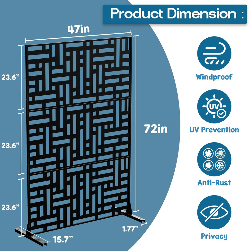 MTART Metal Privacy Screen 72" H x 47.2" Decorative Outdoor Privacy Screen Privacy Panel with Stand for Balcony Deck Patio Lawn Garden, Privacy Fence (Black-Street)