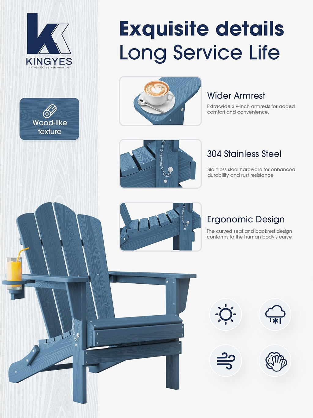 KINGYES Folding Adirondack Chair, All-Weather HDPE Material, Navy, 2 Pack
