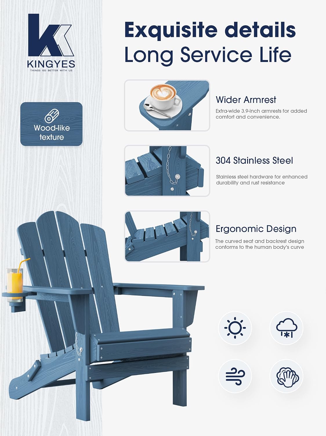 KINGYES Folding Adirondack Chair, All-Weather HDPE Material, Navy, 2 Pack