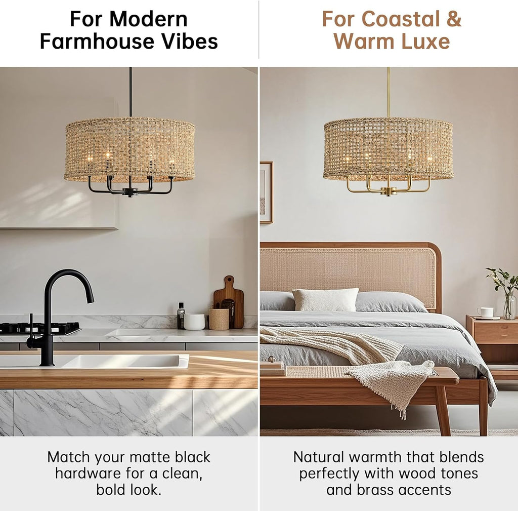 21.6" large rattan chandelier, 6-light boho pendant light, view 9