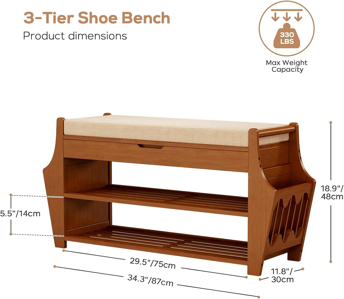 Shoe Bench 34.3in, Bamboo 3-Tier Entryway Bench with Storage, Shoe Rack