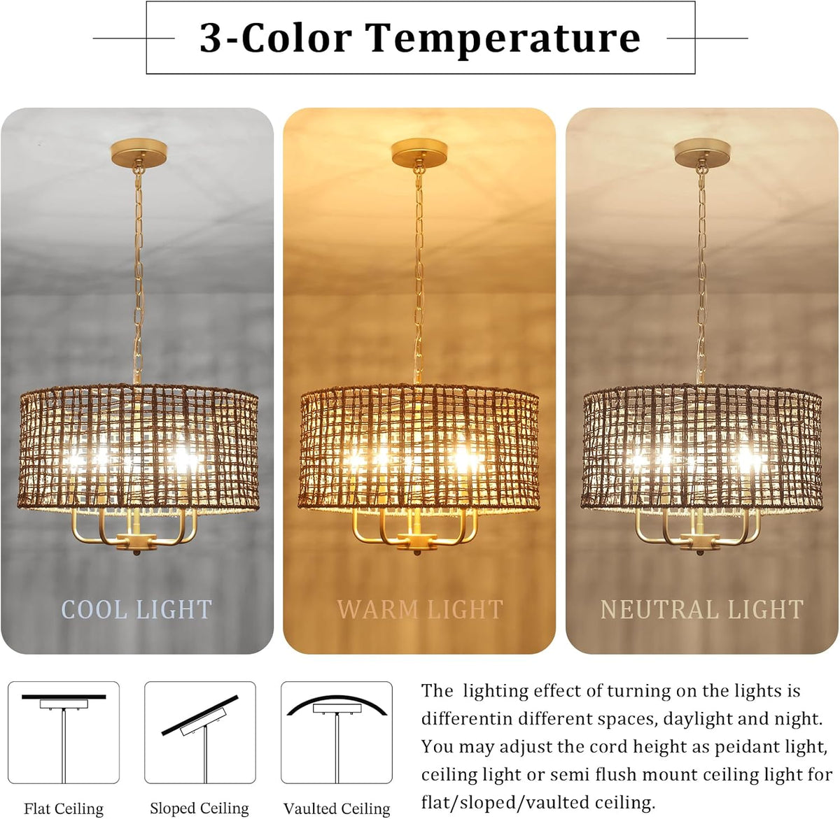 hand-woven rattan chandelier for dining room 18.8''farmhouse boho, front angle view