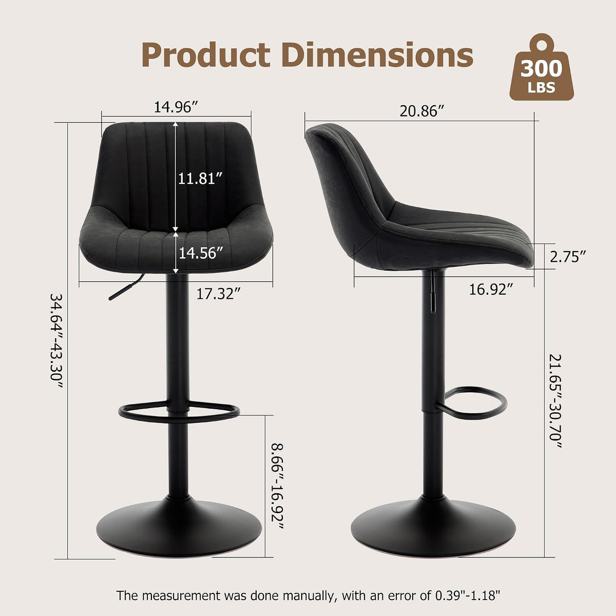 Barstools Set of 2, Faux Leather Swivel Bar Height Stools with Back, Armless Upholstered Counter Height Stools, Modern Adjustable Bar Chairs for Kitchen Island/Cafe/Dining/Restaurant, Black