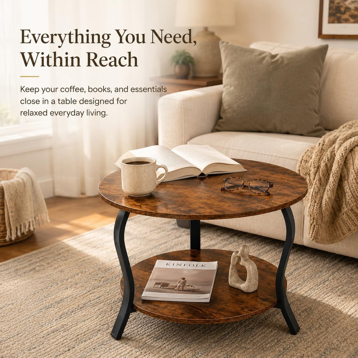 YEAKOO Small Round Coffee Table with Open Storage,23" 2-Tier Coffee Side Tables for Small Space, Accent Center Table Circle Sofa End Table with Wooden Table Top for Living Room Bedroom (Rustic Brown)