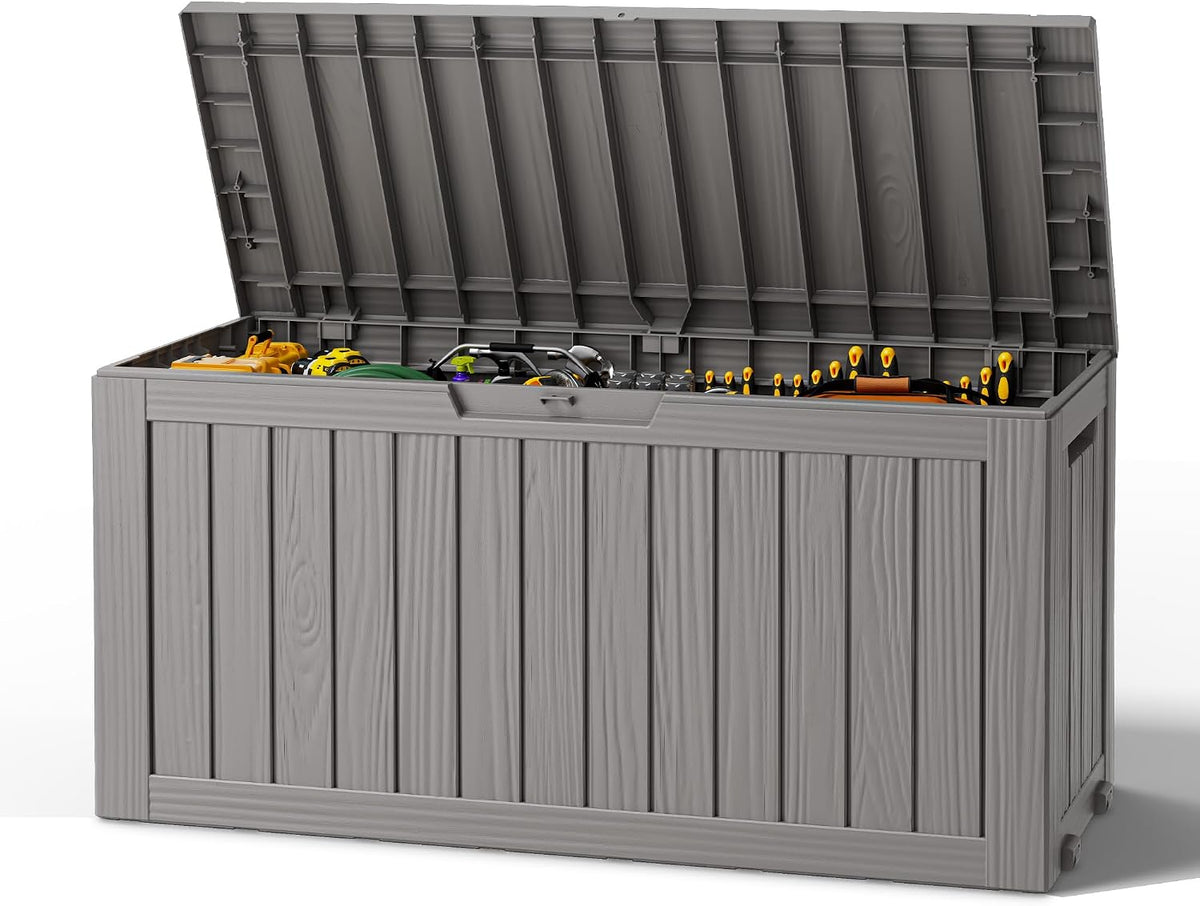 Outdoor Storage Box, Resin Deck Boxes Indoor and outdoor, Waterproof Storage Box Lockable Lid (Grey, 85 Gallon)