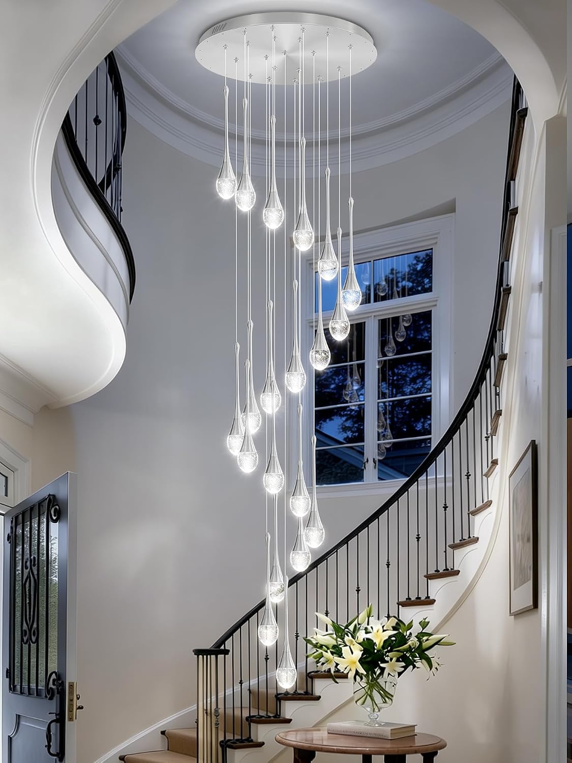 ykolupty H138 Modern Chandelier for High Ceiling 26-Lights Chrome Raindrop Chandeliers Crystal Pendant Light Fixture Large Chandelier for Staircase Foyer Villa Dimmable LED Hanging Light