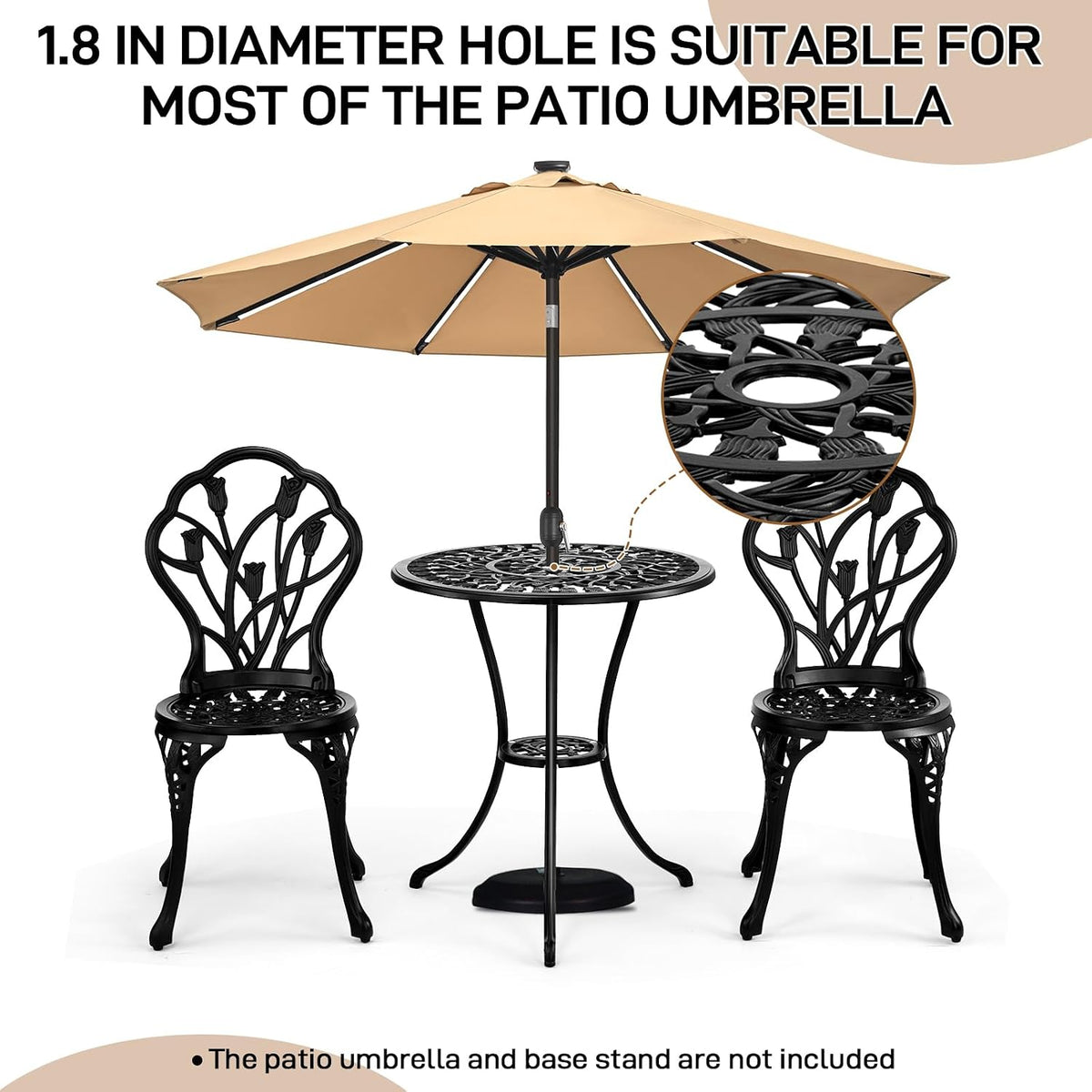 outvita 3 piece cast aluminum bistro set, tulip showing dimensions