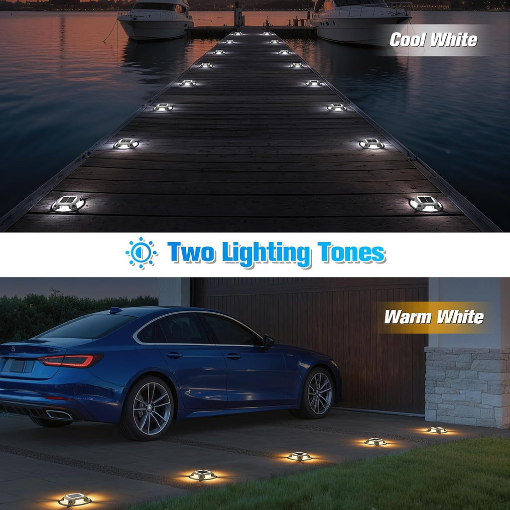 VOLISUN Solar Driveway Lights Dock Deck Lights 12 Pack,2 Colors in 1 Led IP67 Waterproof Outdoor Warning Step Lights for Driveway Sidewalk Pathway (White/Warm White)