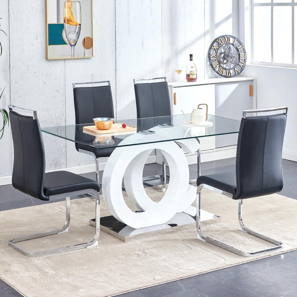 63'' Dining Table Set for 4, Modern Glass Dining Room Table Set for 4 with PU Leather Ergonomic Dining Chairs for Home, Kitchen, Living Room