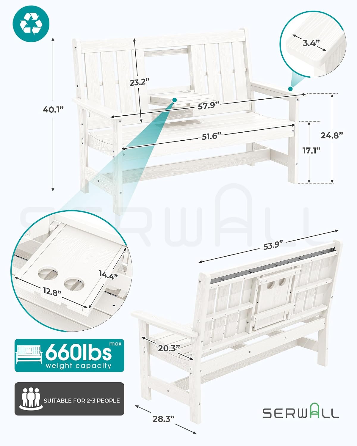 SERWALL HDPE Outdoor Bench with Cup Holder Oversized 58" Porch Bench, White