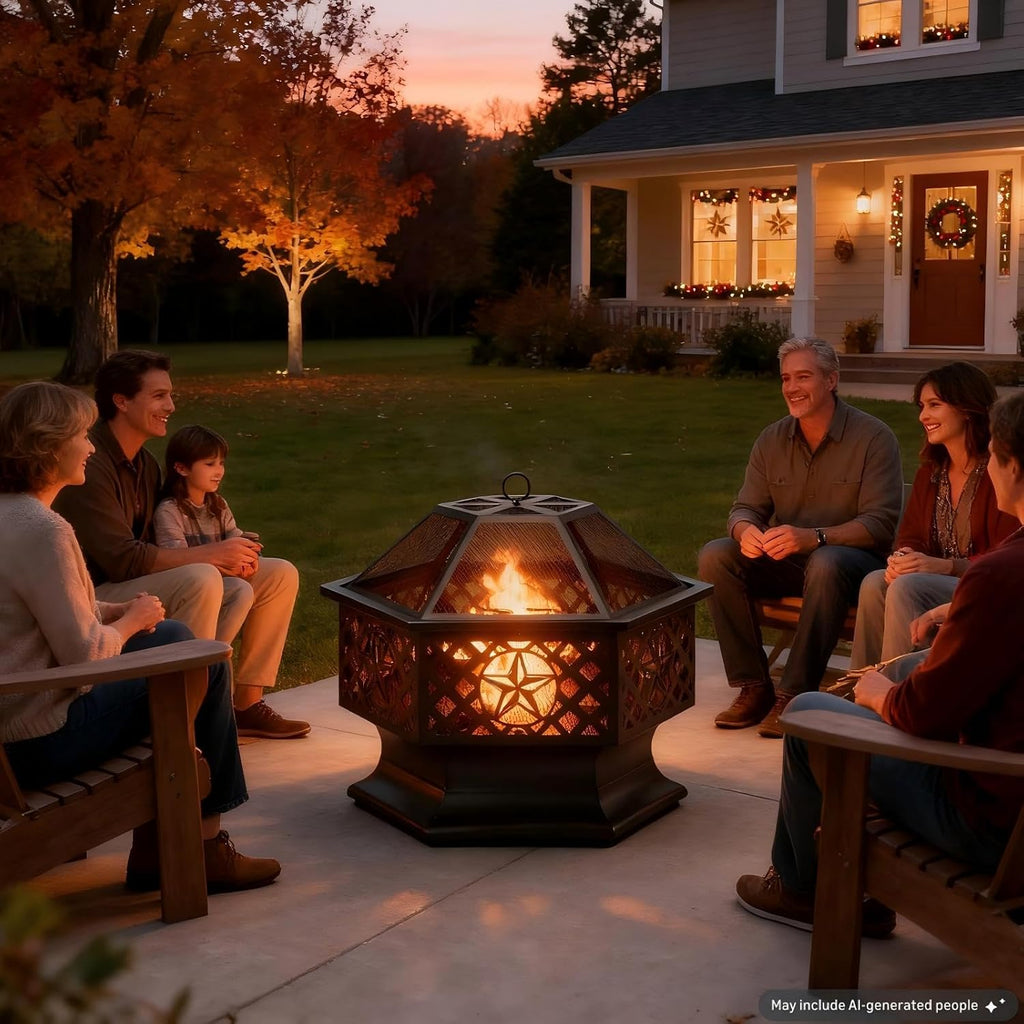 Panovue 28 Inch Hexagonal Fire Pit with Spark Screen&Fire Poker Black