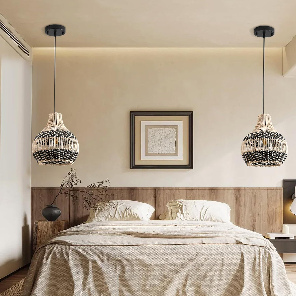 rattan pendant light mini hand-woven black white rattan, front angle view