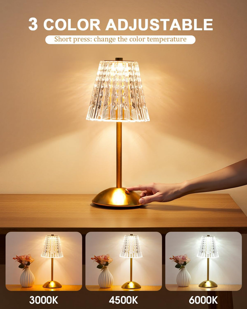 nusogon 2 pack cordless crystal table lamps, rechargeable shown in use