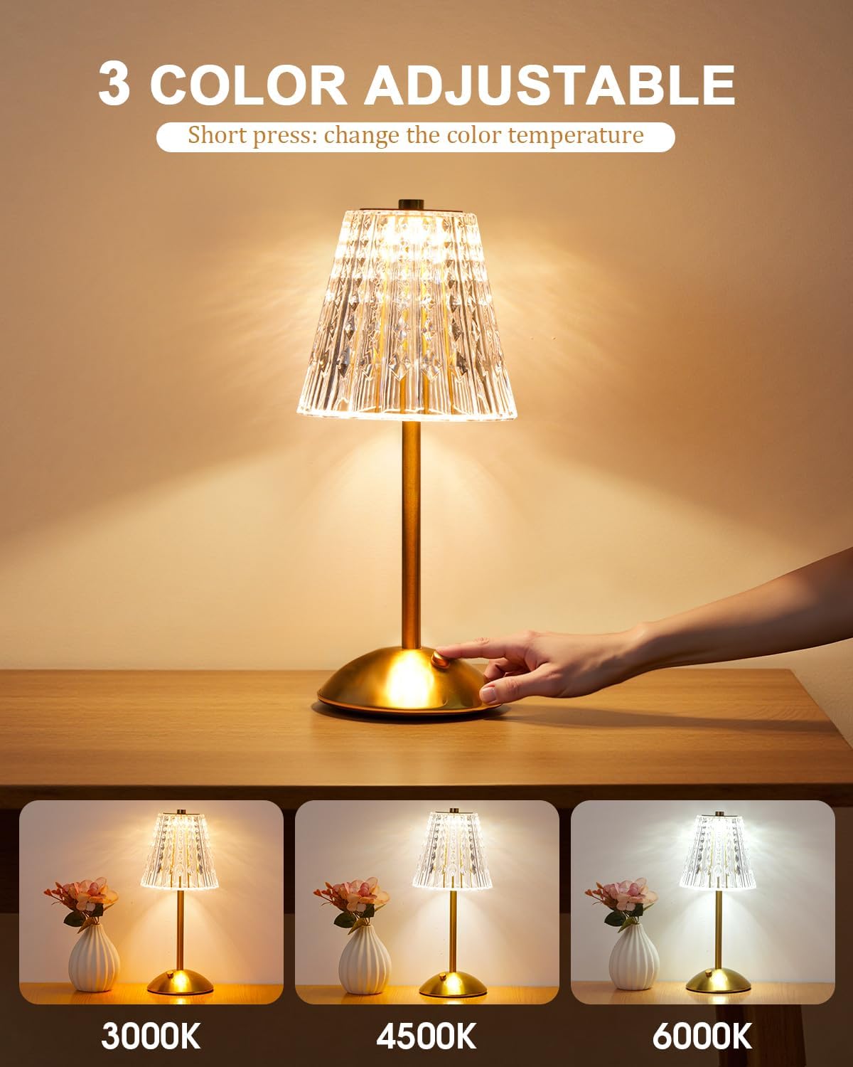 nusogon 2 pack cordless crystal table lamps, rechargeable shown in use