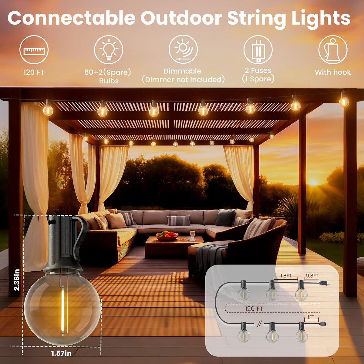 RTTY 120 FT Outdoor String Lights Waterproof, Patio Light 62 LED Bulbs