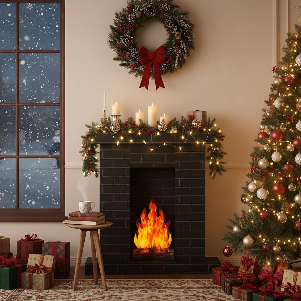 AmazingSpark 1 Set Christmas Corrugated Fireplace 35.5 x 29 x 8 Inch Cardboard Fireplace with 3D Fire Flame Prop 3D Life Size Cardboard Cutout Standup for Christmas Party Decorations (Black)