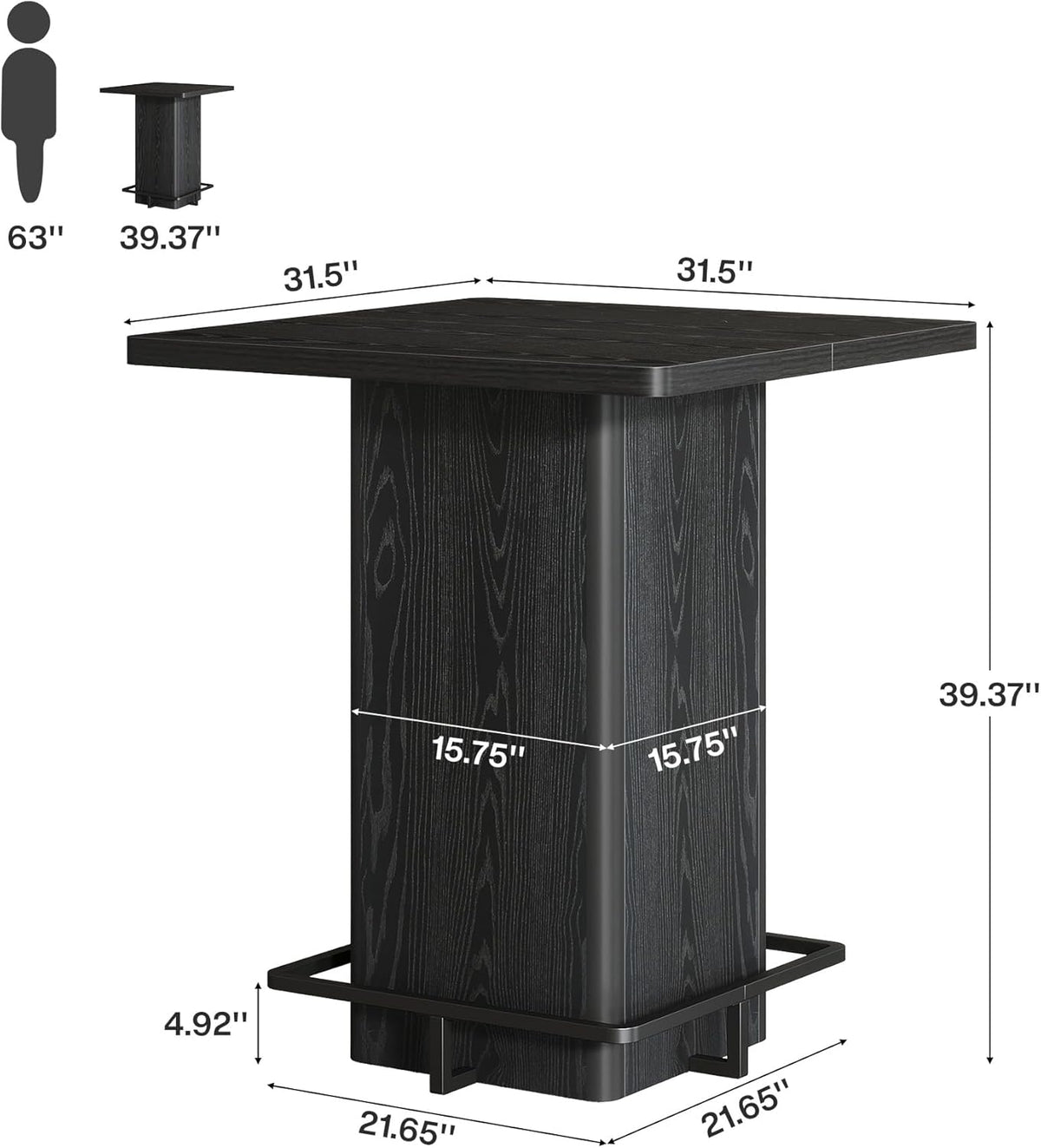 Tribesigns Bar Table, 39.37" High Square Pub Table for Small Bars, Dining Room, Kitchen, Black (Only Table) (Black)