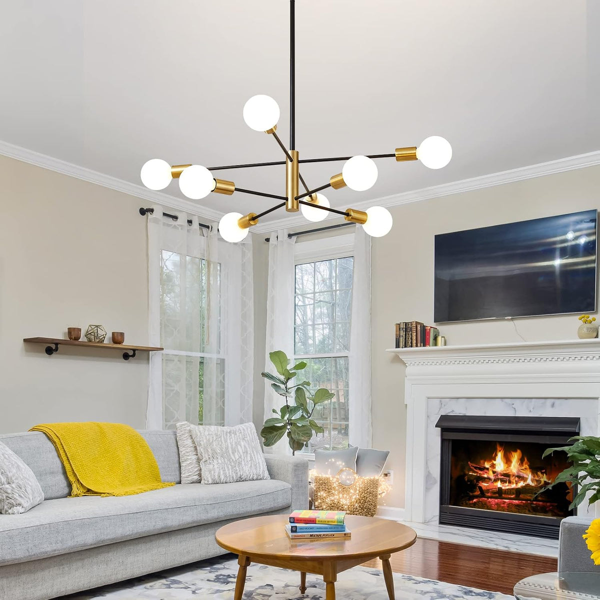 ruiyey modern sputnik chandeliers black and gold mid, front angle view