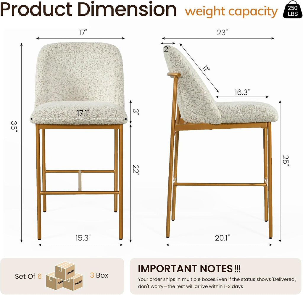 COLAMY Counter Height Bar Stools Set of 6, Modern Tweed Upholstered Kitchen Island Chairs with 3" Thick Cushion and Matte Gold Frame, Luxury 25 Inch Barstools with Back for Home Bar Dining Room, Beige
