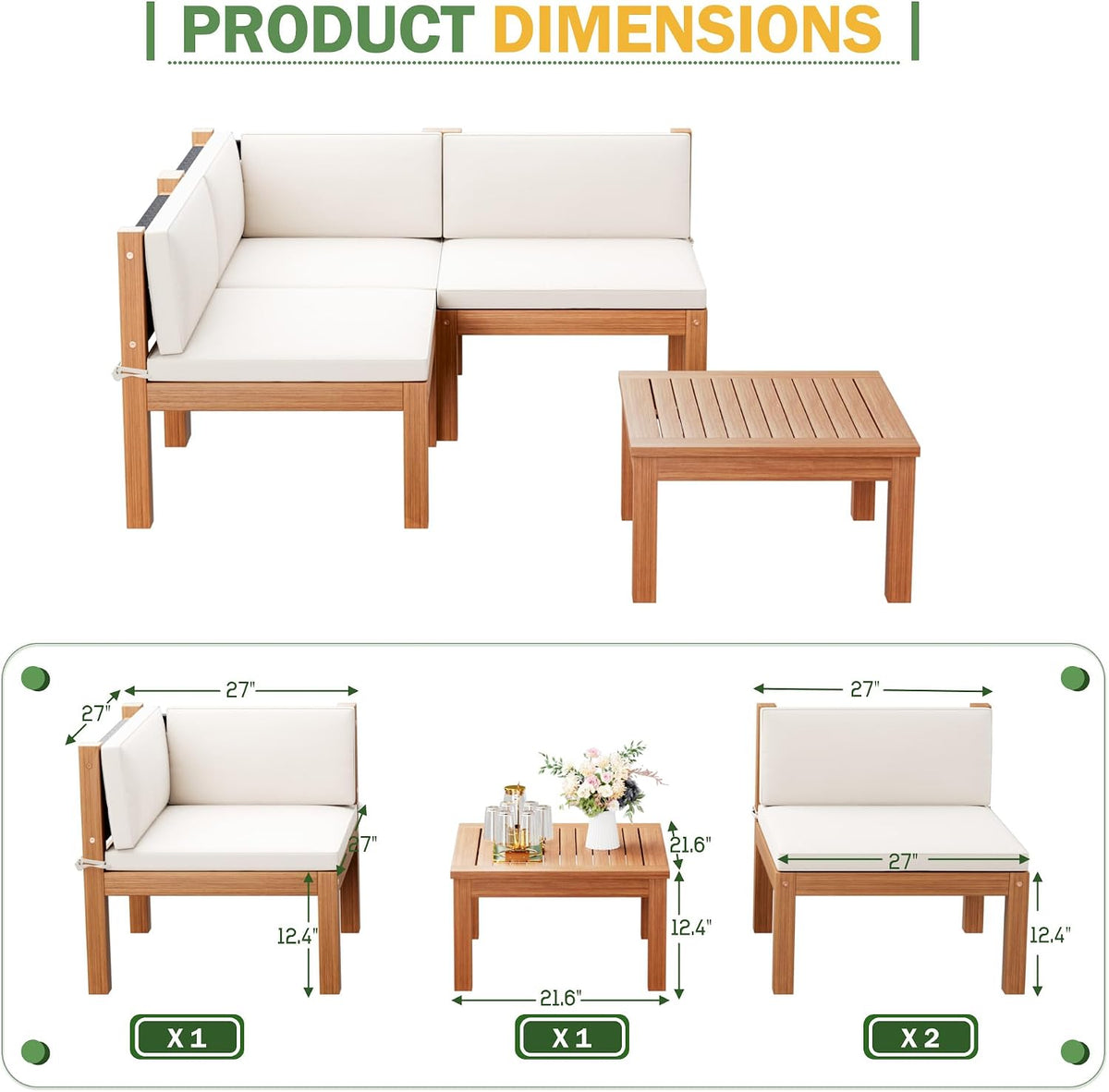 Devoko 4 Pcs Acacia Wood Small Patio Sectional Coach Sofa 54'' L x 54''W