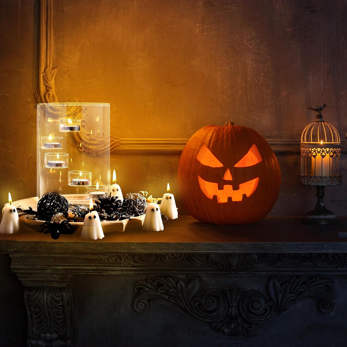 Reallnaive Halloween Glass Hurricane Candle Holder with Candles and Tea Light Clear Cylinder Pillar Candle Holder for Halloween Table Centerpiece Decorations (13 Candles,Single Style) (13 Pcs)