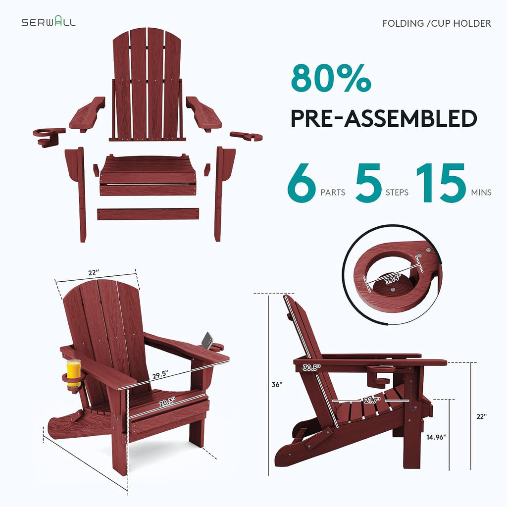 SERWALL Outdoor Adirondack Chairs with 2 Cup Holders,Foldable,Red