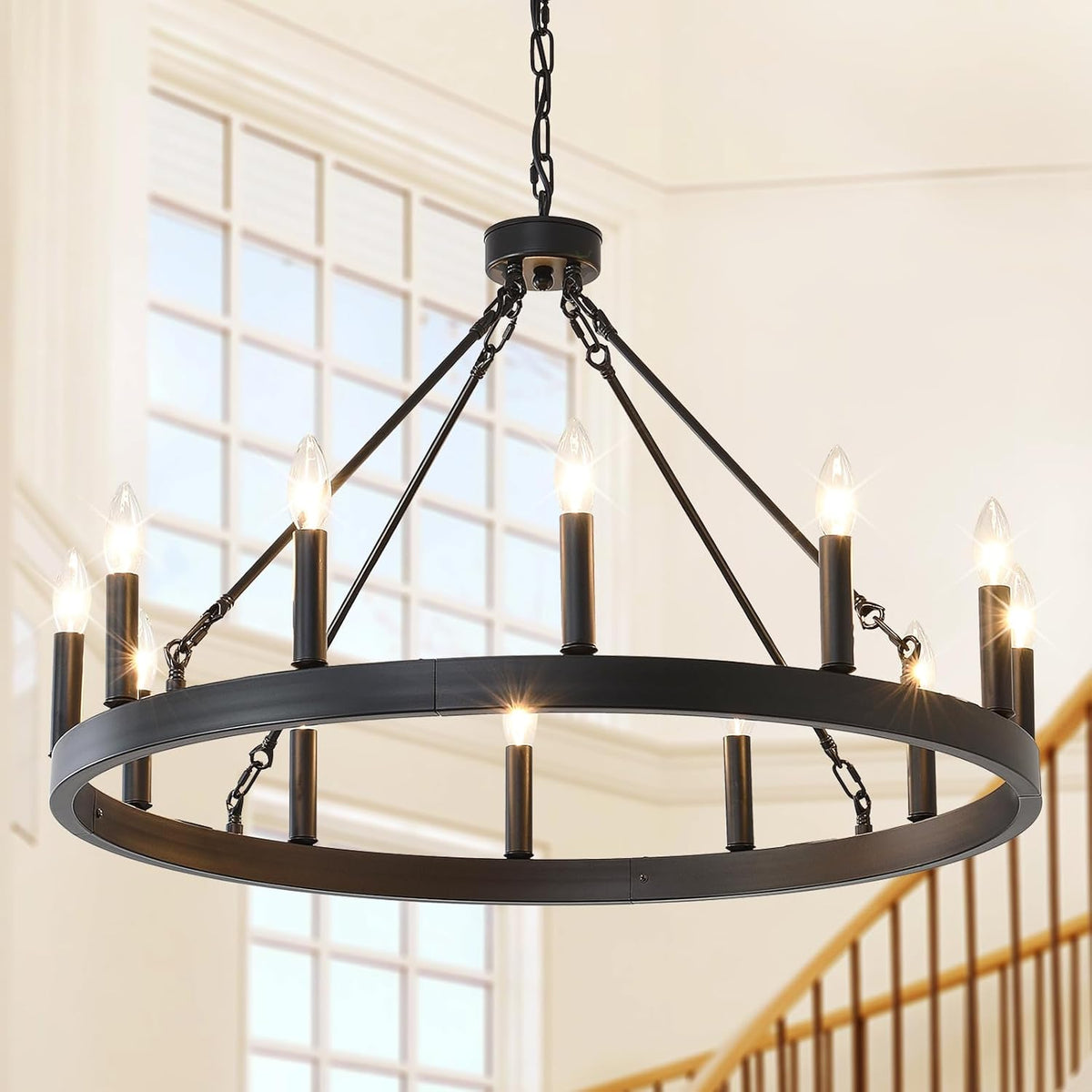 32" wagon wheel light fixture 12-light black round shown in use