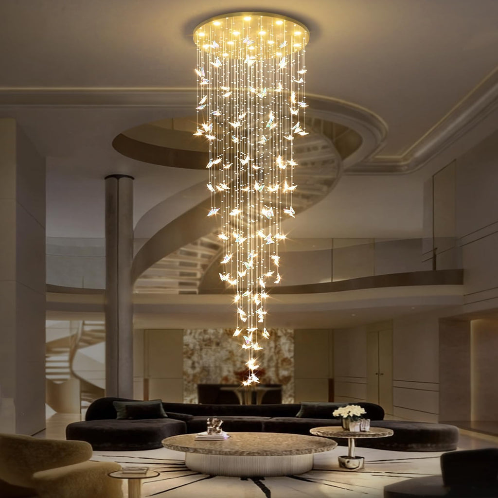 ykolupty H138 High Ceiling Chandelier - Modern Crystal Raindrop Large Chandelier for Staircase Foyer Entryway Living Room - Dimmable 3000-6000K