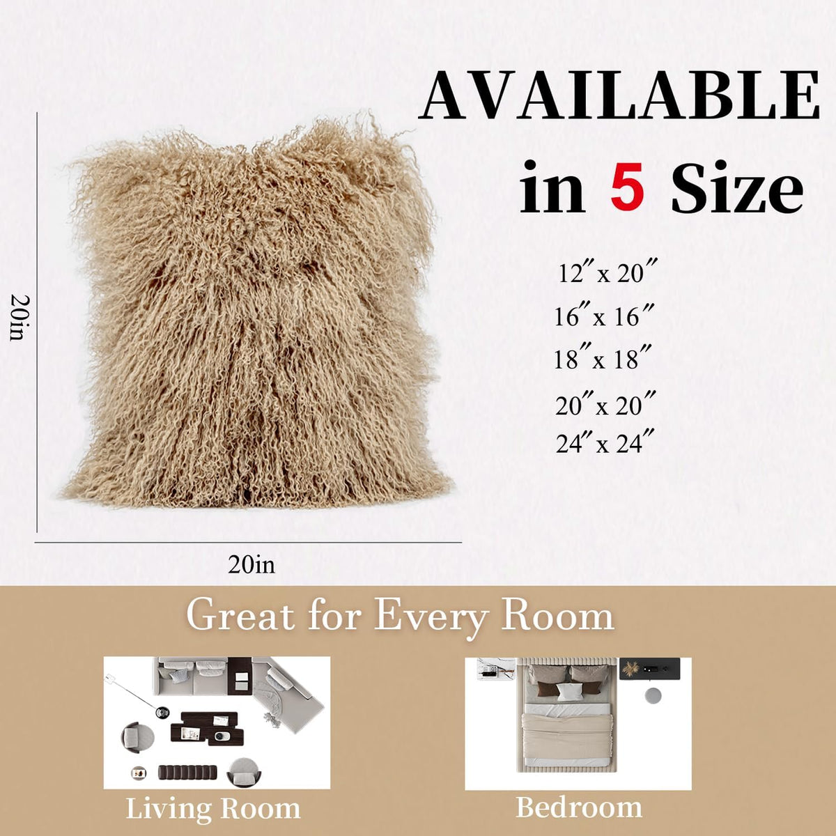 Mongolian Lamb Fur Throw Pillow Cover (20'' x 20'', Khaki)