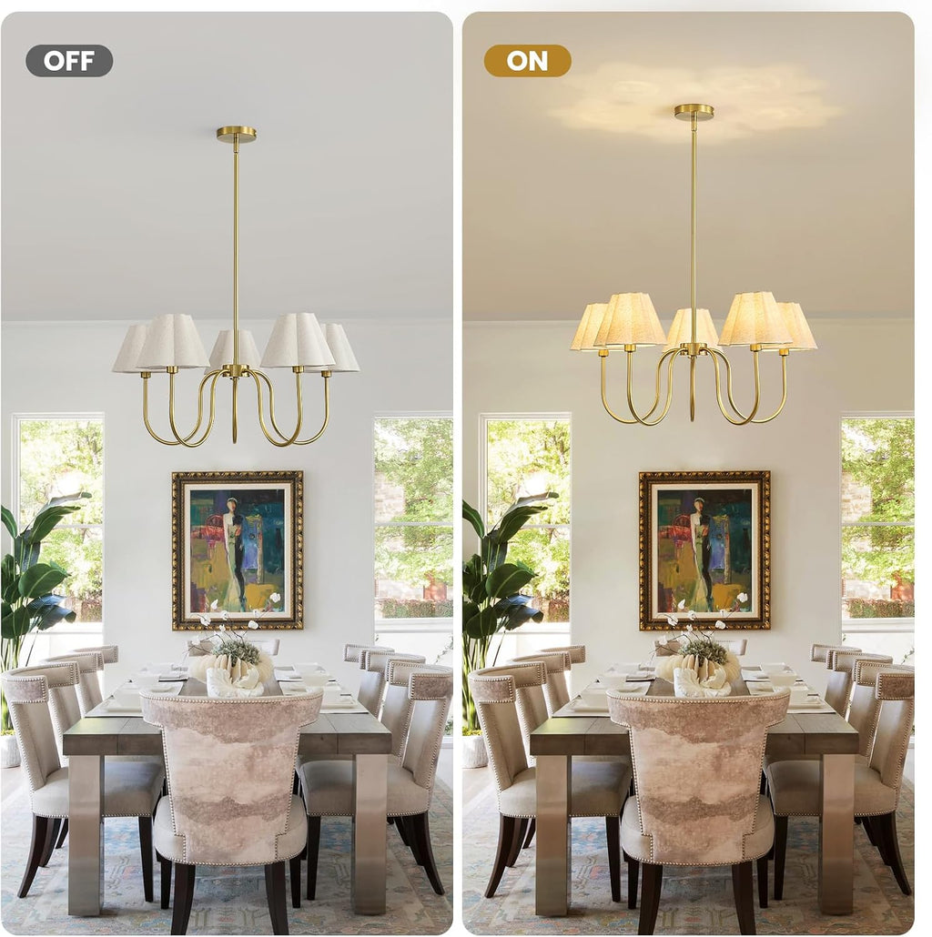 Brass Gold Chandeliers for Dining Room, 28"Light Adjustable Antique Modern Gold Chandelier Light Fixture with Scalloped Linen Fabric Shade, Classic Kitchen Pendant Lights over Table for Bedroom