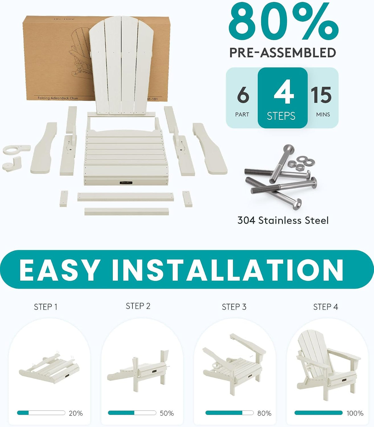 SERWALL Folding Adirondack Chair Set of 2 with Cup Holder, Fire Pit - White
