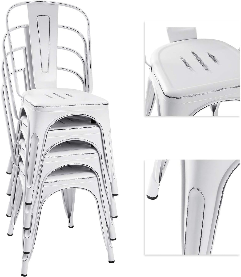 Devoko Metal Indoor-Outdoor Chairs Distressed Style Kitchen Dining Chairs Stackable Side Chair with Back Set of 4 (White)