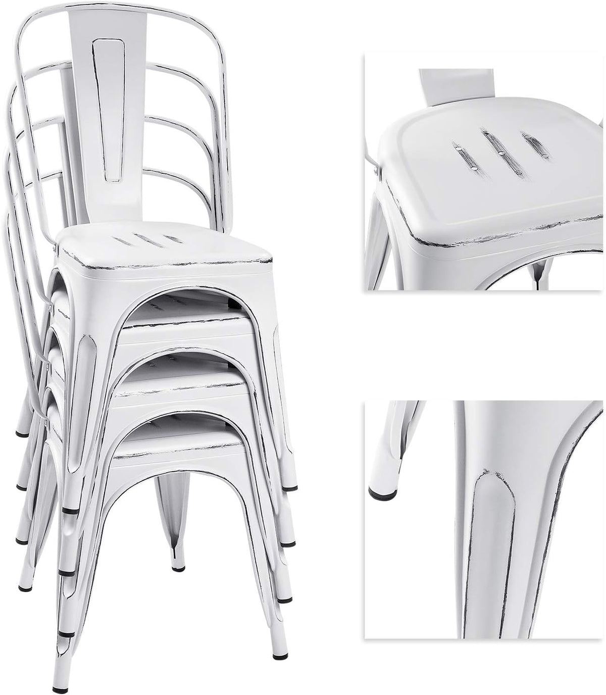 Devoko Metal Indoor-Outdoor Chairs Distressed Style Kitchen Dining Chairs Stackable Side Chair with Back Set of 4 (White)