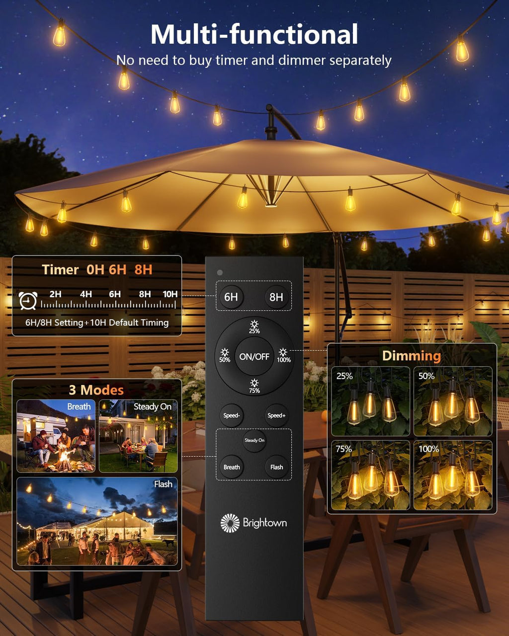 brightown 100ft solar string lights outdoor, 31+2 shatterproof showing dimensions