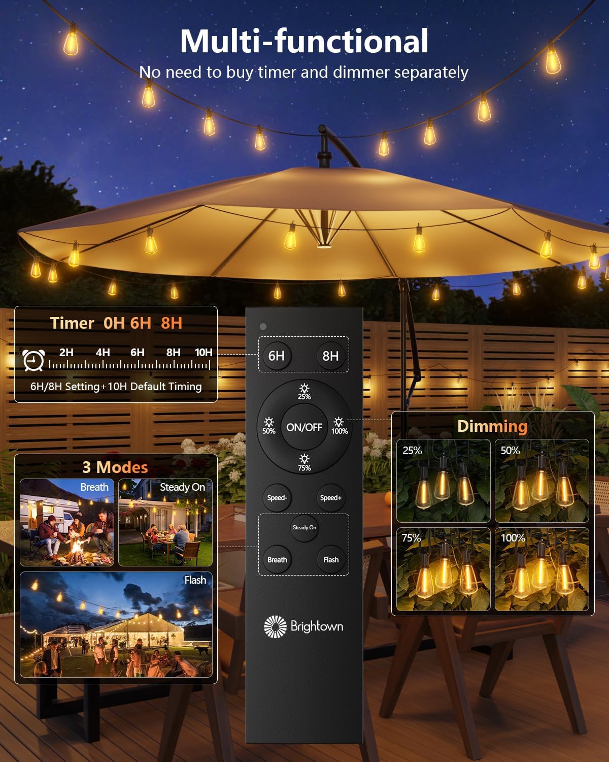 brightown 100ft solar string lights outdoor, 31+2 shatterproof showing dimensions