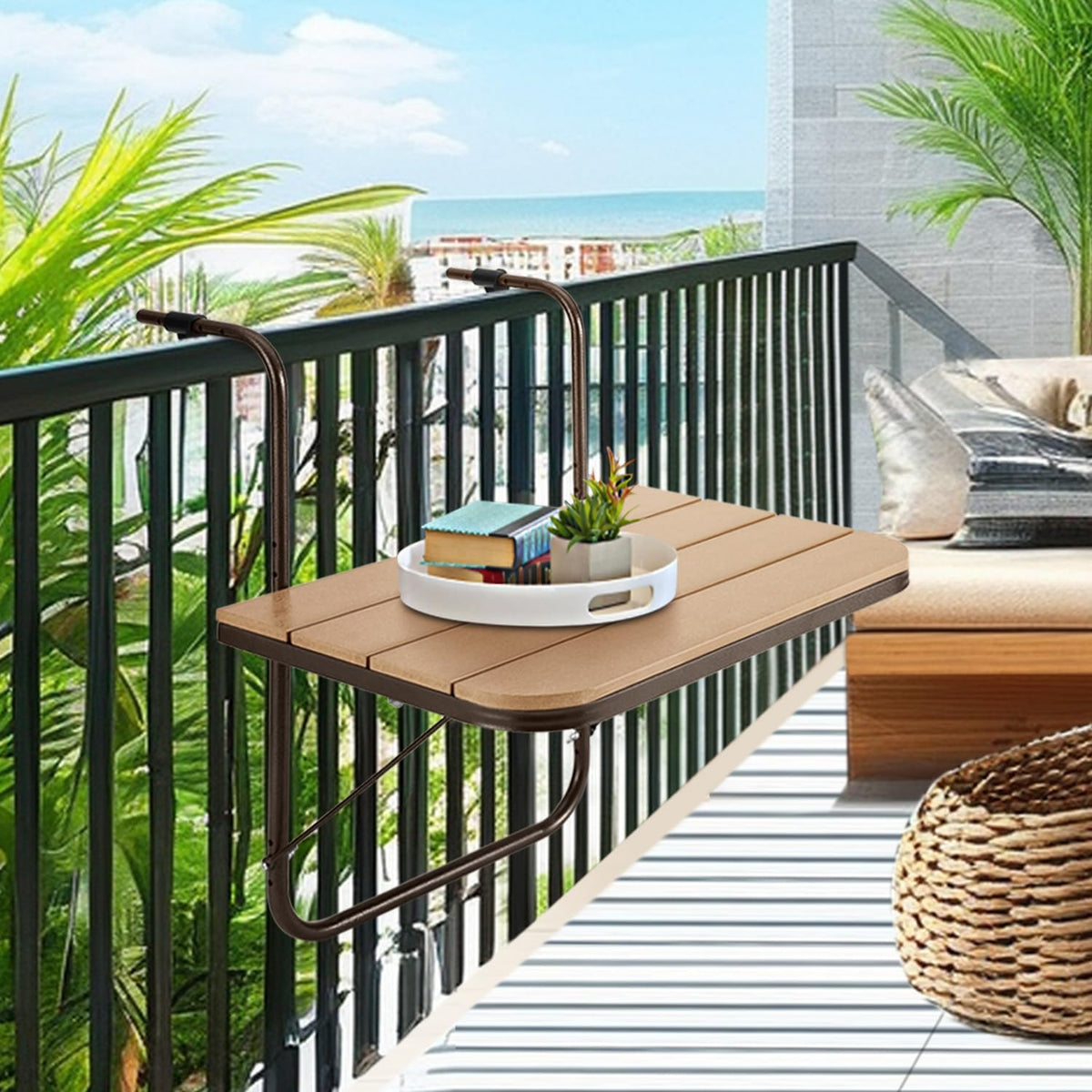 Balcony Railing Table Hanging Folding Balcony Bar Table for Deck Railings Outdoor 23.6" x 15.7" Aluminium Frame Adjustable All Weather Space Saving (Brown)