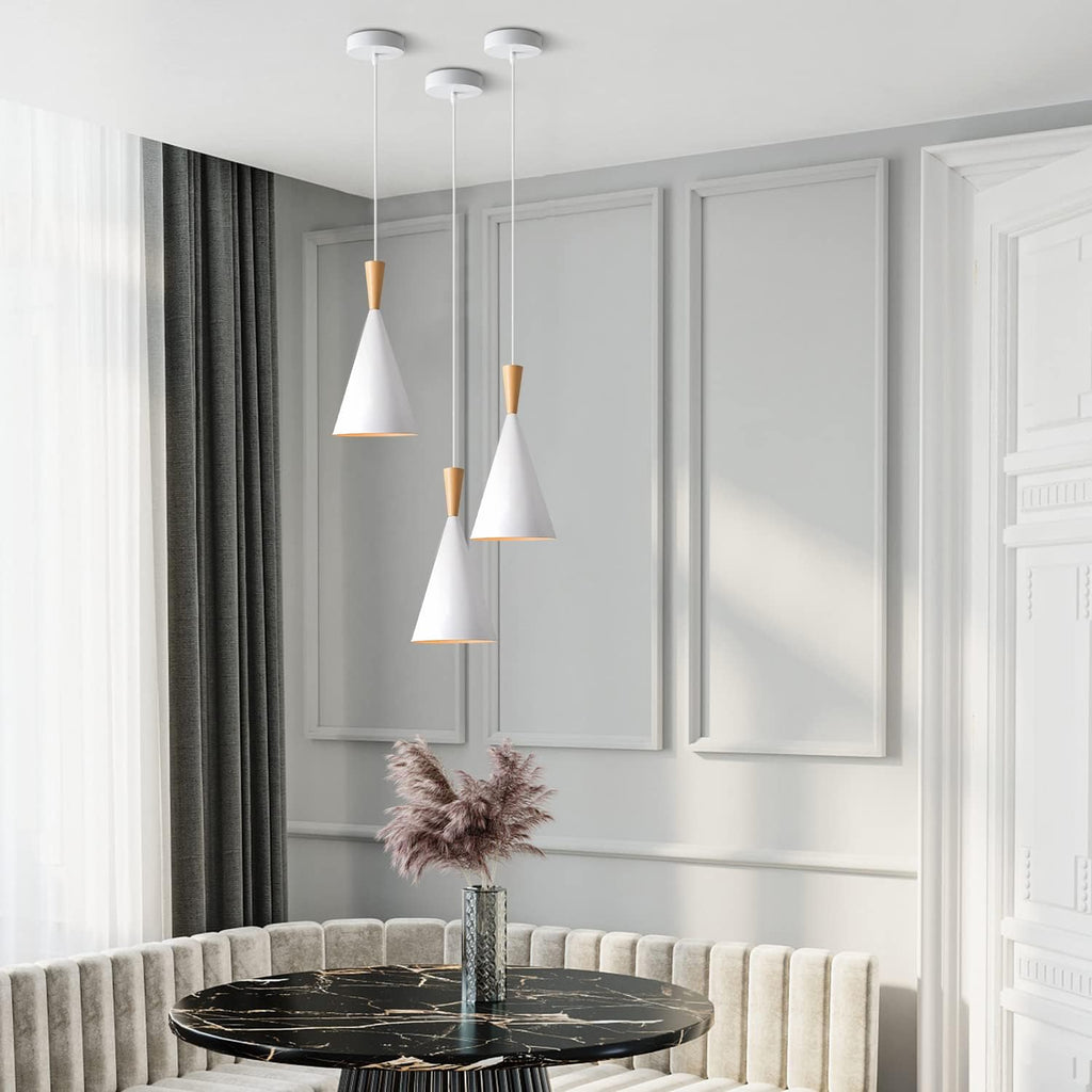 kco 3 pack farmhouse white conical metal pendant, front angle view