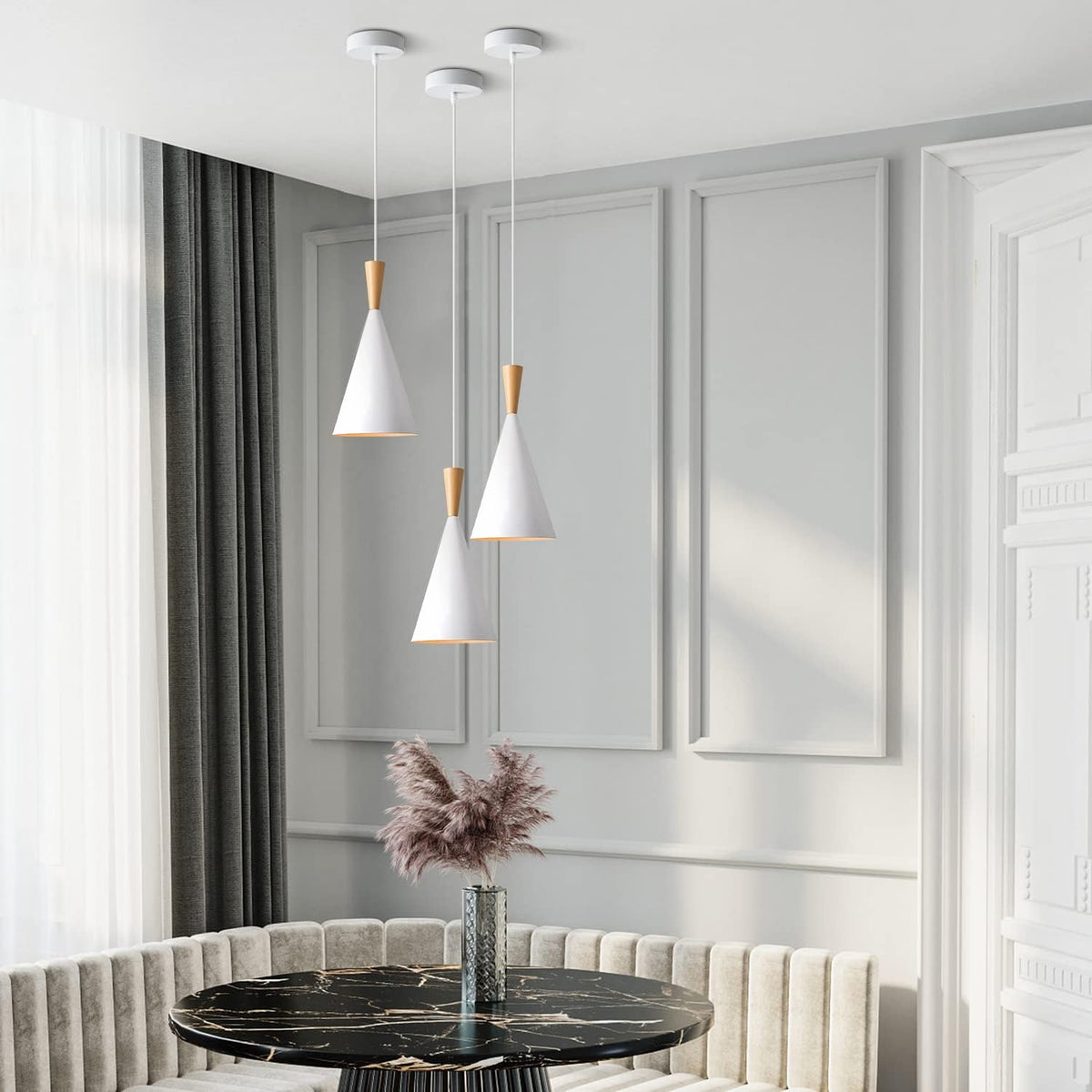 kco 3 pack farmhouse white conical metal pendant, front angle view