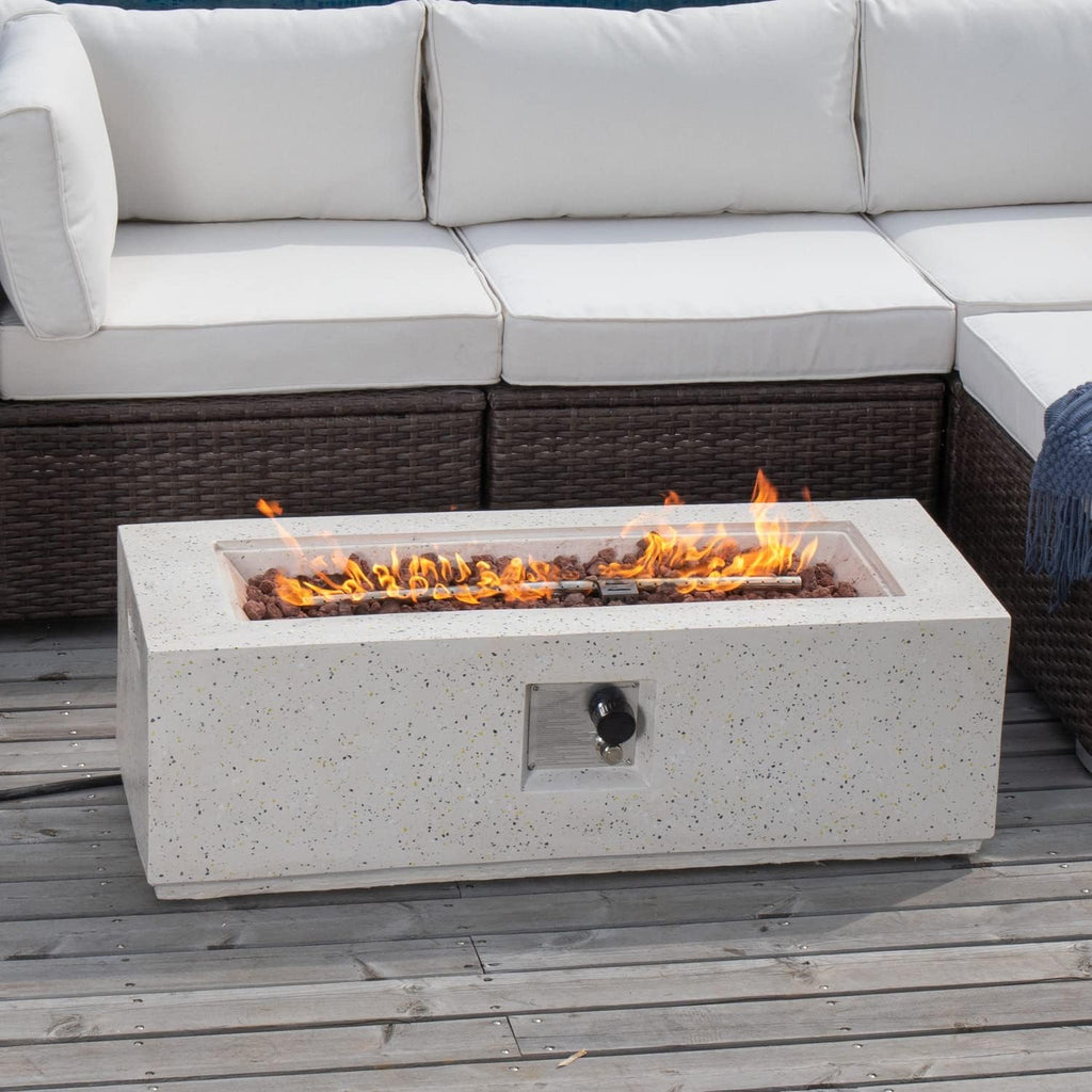 COSIEST Outdoor Fire Pit Coffee Table, 42-inch x 13-inch Terrazzo Rectangle Base Patio Heater w Certified, 50,000 BTU Stainless Steel Burner, Free Lava Rocks and Rain Cover