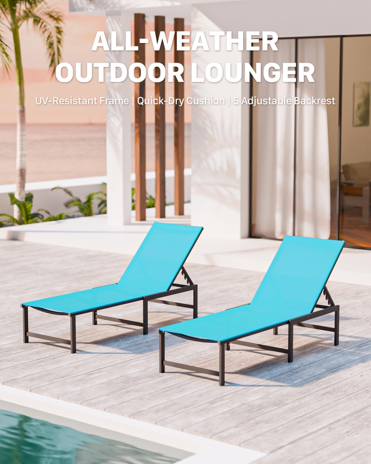 aluminum patio chaise lounge chair outdoor,blue, close-up detail