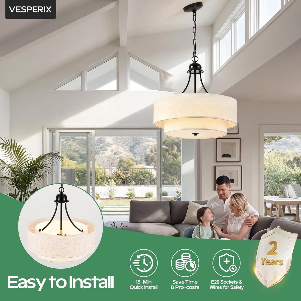 VESPERIX 18" Linen Drum Chandelier, 4-Light Modern Farmhouse Ceiling Light Fixture,2-Layer Fabric Shade with Acrylic Diffuser, Adjustable Hanging Light for Dining Room, Kitchen, Bedroom