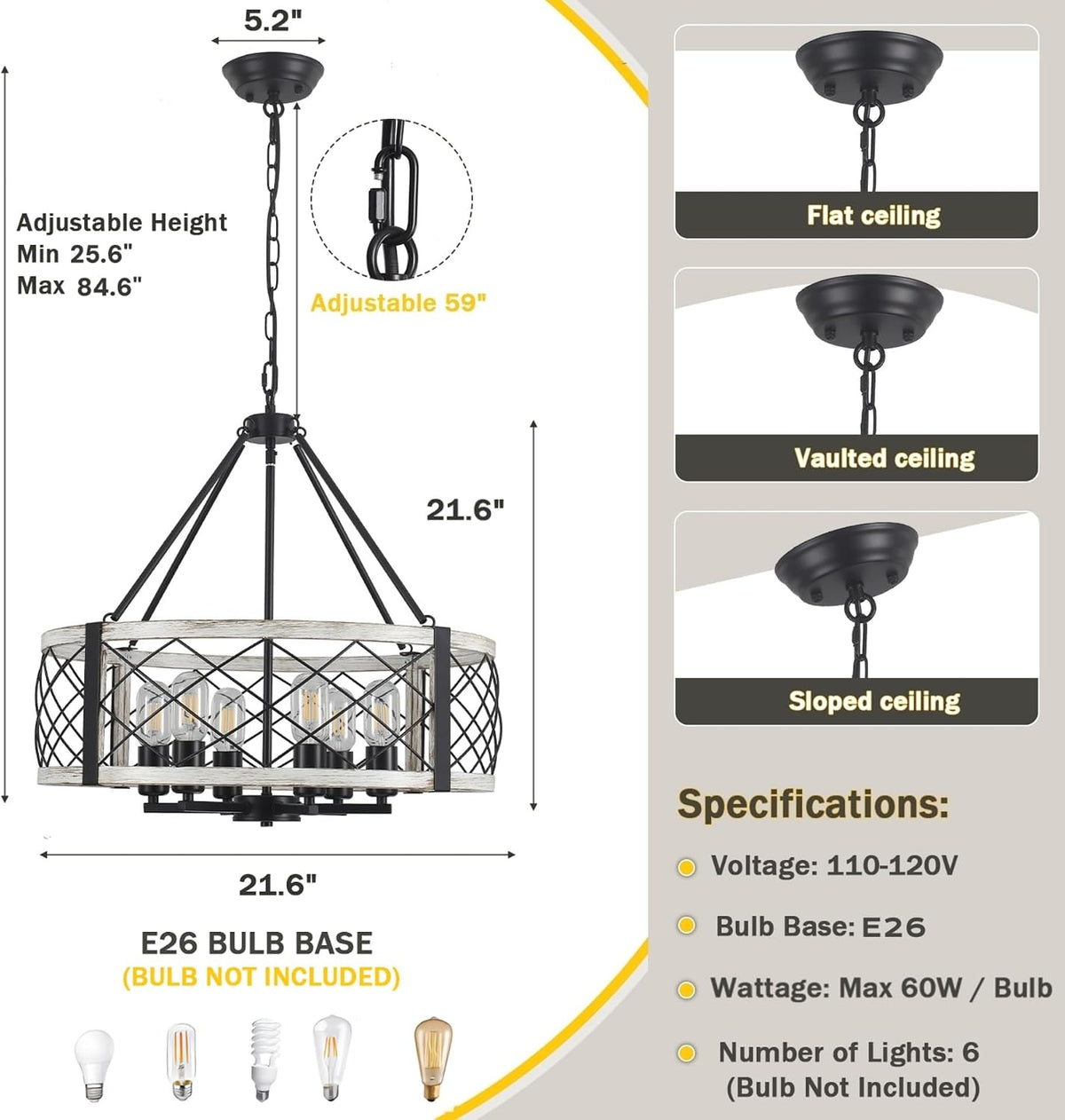 21.6” White Farmhouse Chandelier, 6-Light Wood Grain Finish Chandelier