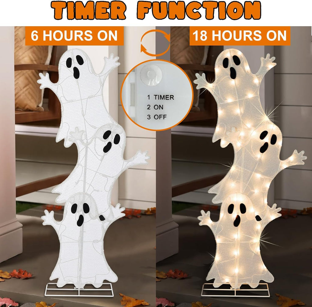 Halloween Lighted 3 Stacked Ghosts, 42’’ H Pre-Lit Lighted Ghosts with 50 Warm White Lights, Light Up Halloween Ghost Decoration for Indoor, Outdoor, Porch, Yard, Holiday Decor