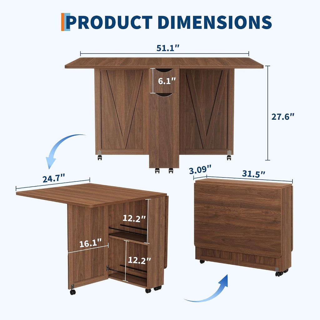 Garvee Folding Dining Table with Storage, Folding Kitchen Table with 6 Wheels, Drawer & Shelves, Compact Dining Table for Small Spaces