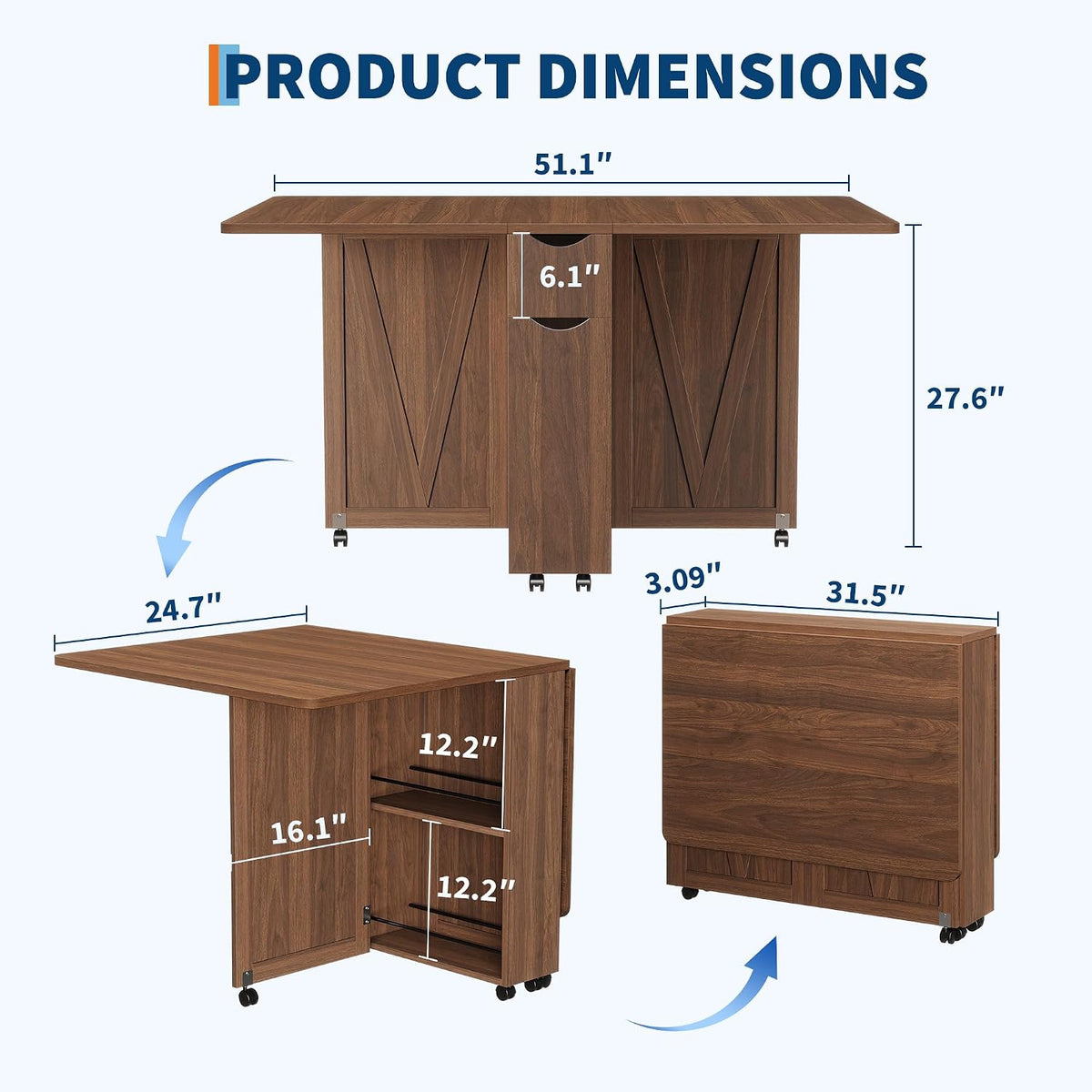 Garvee Folding Dining Table with Storage, Folding Kitchen Table with 6 Wheels, Drawer & Shelves, Compact Dining Table for Small Spaces
