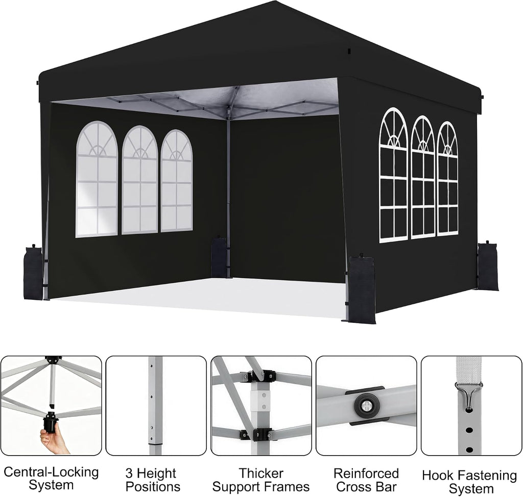 10x10 Pop Up Canopy Tent with Sidewall, Commercial, Black